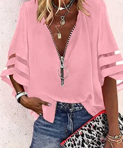 2024 Summer Shirt Sexy Lace Patchwork Flared Sleeve Mesh Solid Blouse Women Zipper V-Neck Loose Casual Tops T-Shirt Streetwear