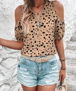 Elegant fashion women's shirt small V-neck short sleeve hollow zipper body leopard print casual sexy women's shirt
