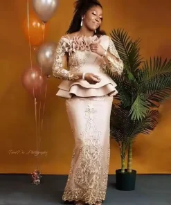 Champagne Mermaid Plus Size Mother Of the Bride Dresses with Long Sleeve Lace Peplum Aso Ebi African Mother Groom Gowns Custom